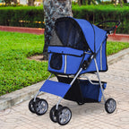 Pet Stroller for Small Miniature Dogs Cats Foldable Travel Carriage with Wheels Zipper Entry Cup Holder Storage Basket Blue
