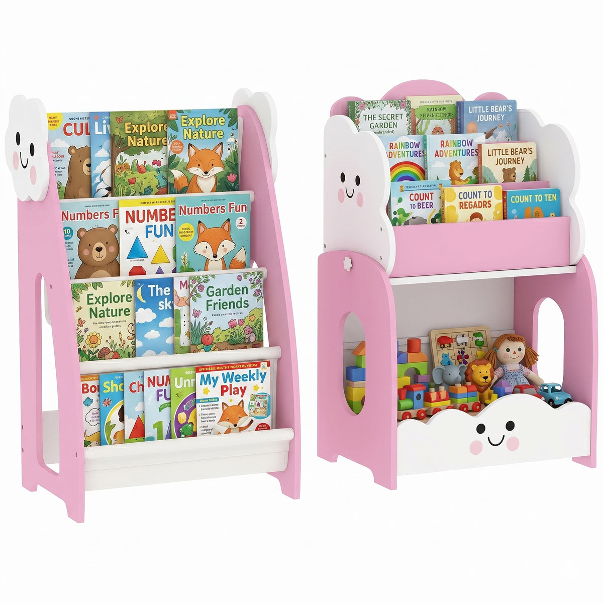 3-in-1 Kinderregal mit Spielzeugaufbewahrung, Modularer Bücherregal mit 4 Taschen & 3 Ebenen sowie Nachttisch, Rosa