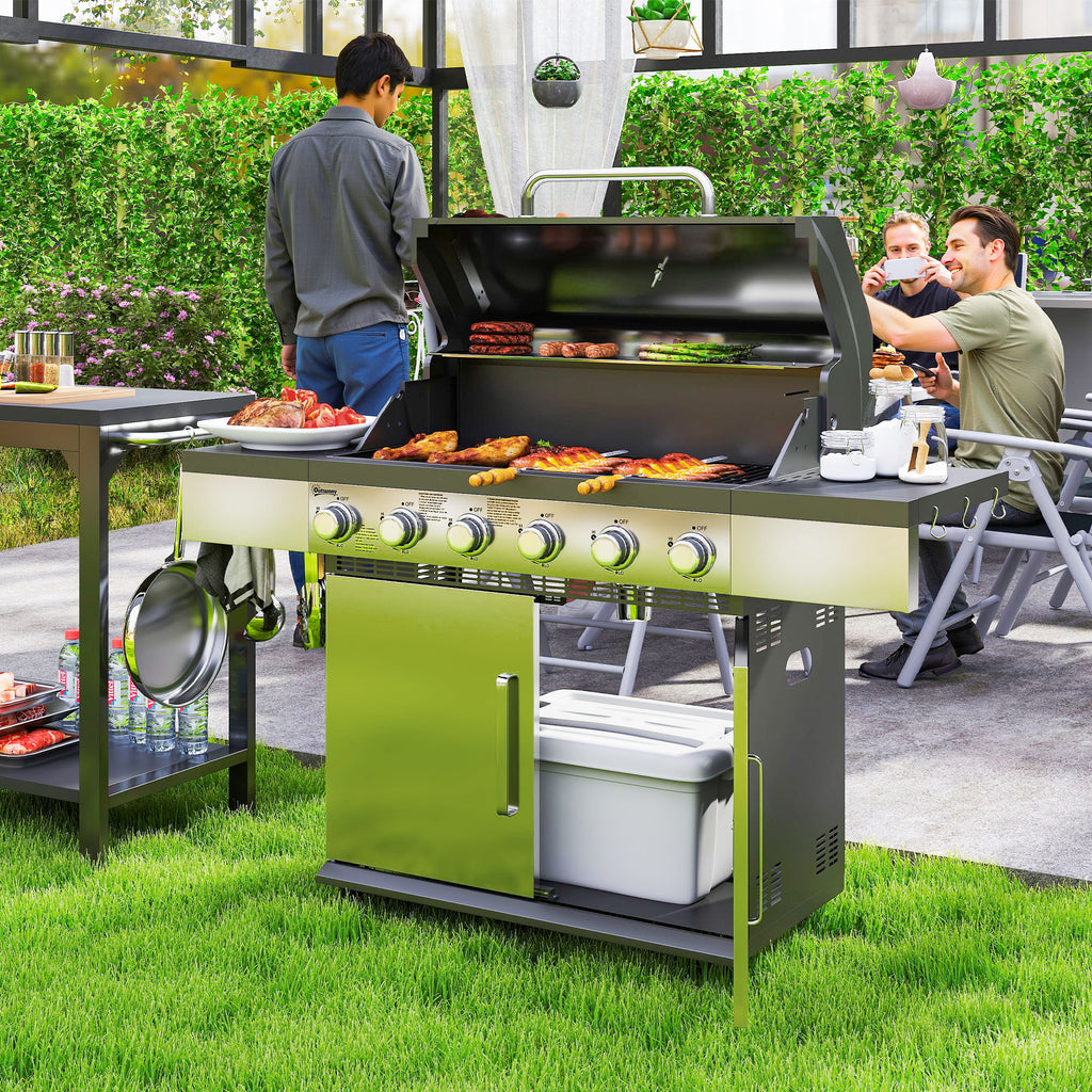 Gasgrill 2,49 kW Grillwagen inkl 6 Edelstahl-Brenner Thermometer Druckminderer 143 x 55 x 110 cm Silber