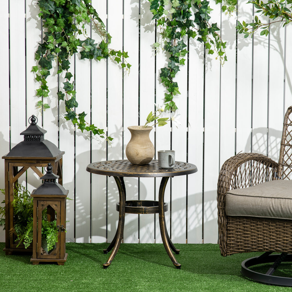 Beistelltisch Garten wetterfester Gartentisch mit Gussaluminiumrahmen, rund 60kg belastbar Ø60x52,5H cm