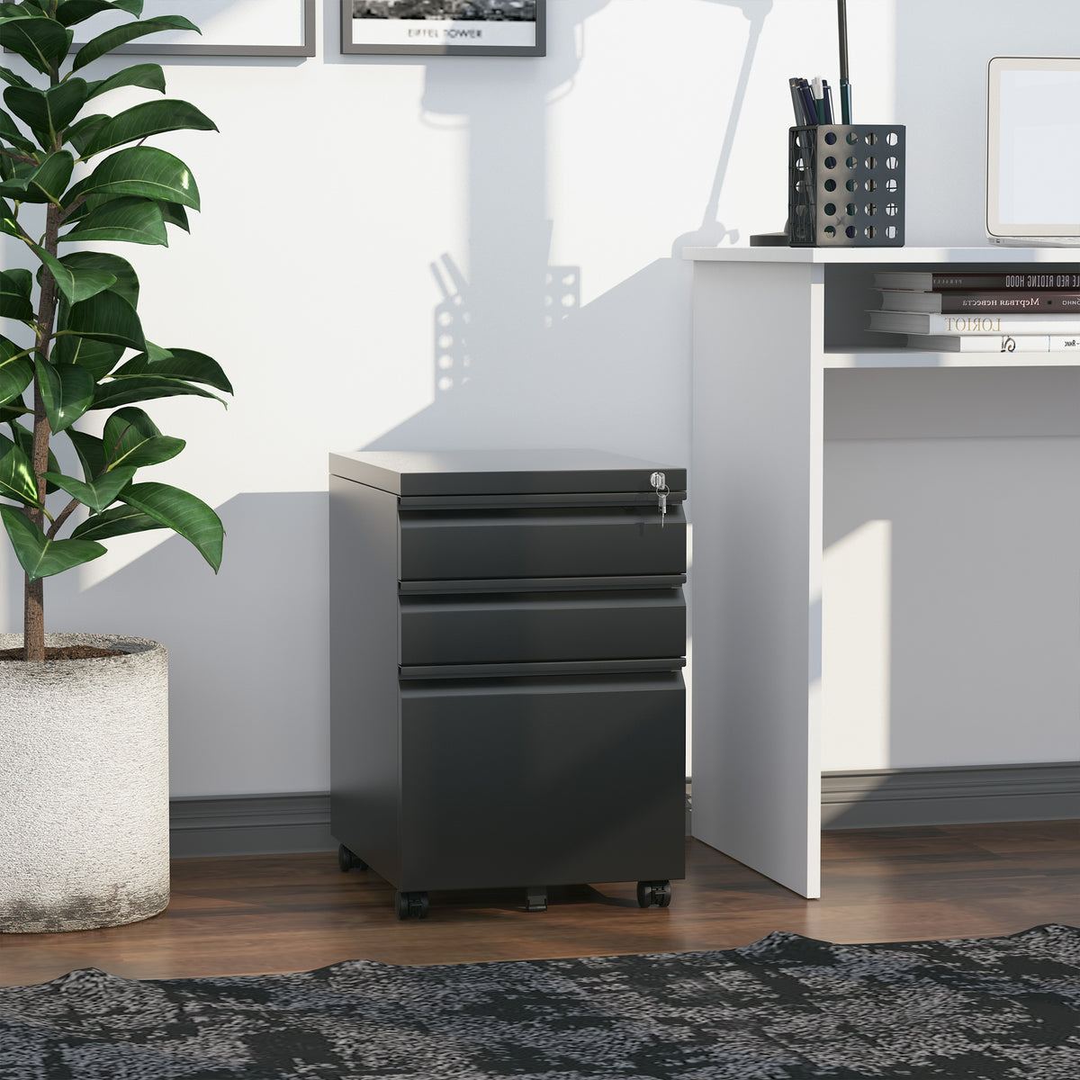 3 Drawer Filling Cabinet, Mobile Metal File Cabinet with Anti-tilt Design for Letter, A4, Legal Size, Black