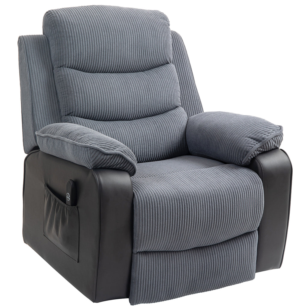 Aufstehsessel mit weichem Cordbezug, Recliner-Sessel mit Fernbedienung und Seitentaschen, Dunkelgrau