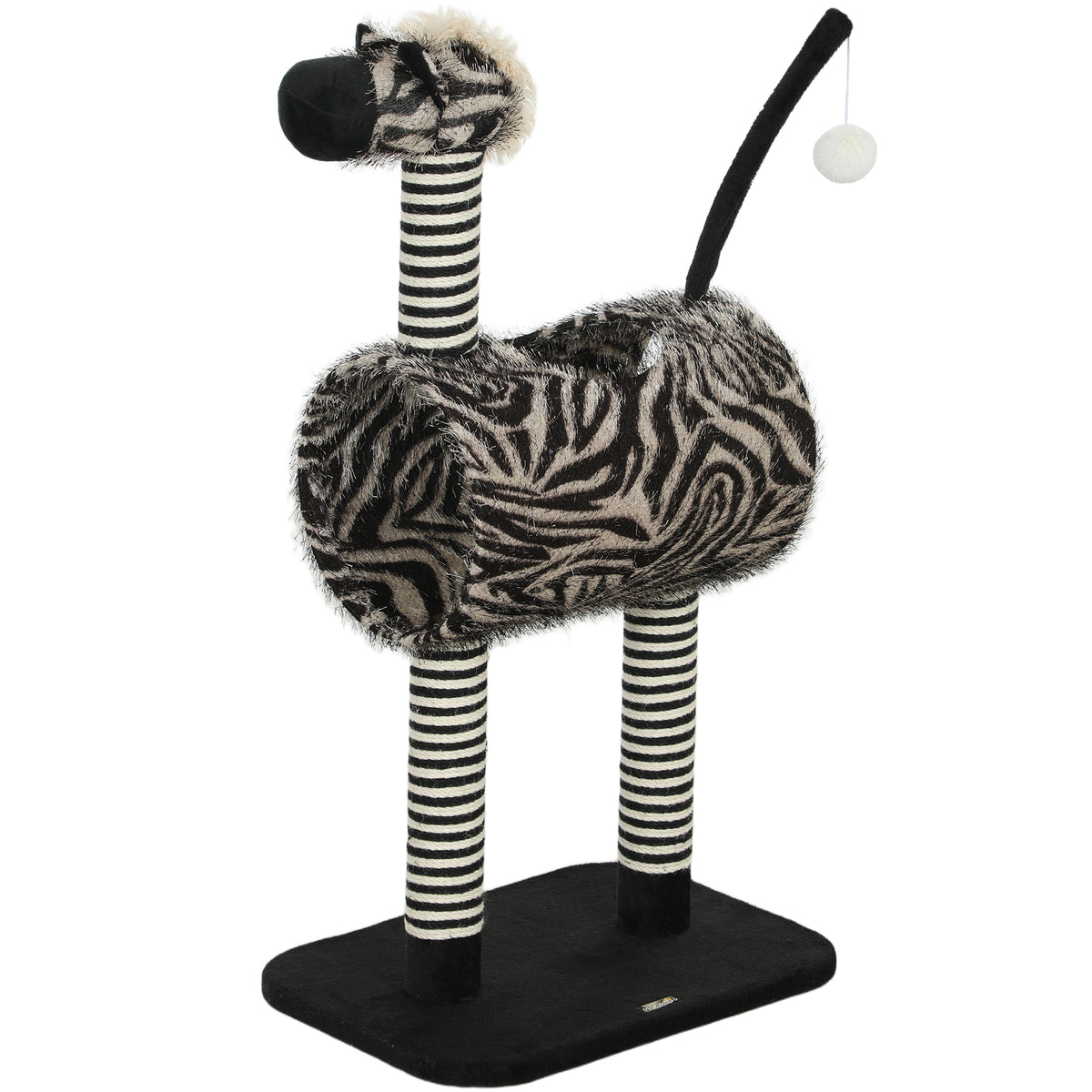 Kratzbaum im Zebra-Design, 1 Katzentunnel, 3 Kratzstämme 48,5 cm x 35 cm x 93 cm, Schwarz + Weiß