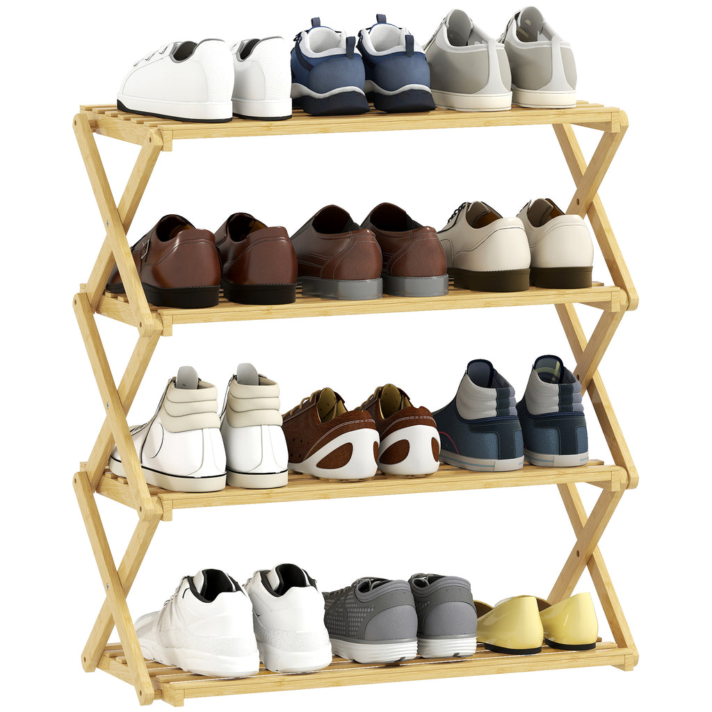 Four-Tier Folding Bamboo Shoe Rack - Natural Finish