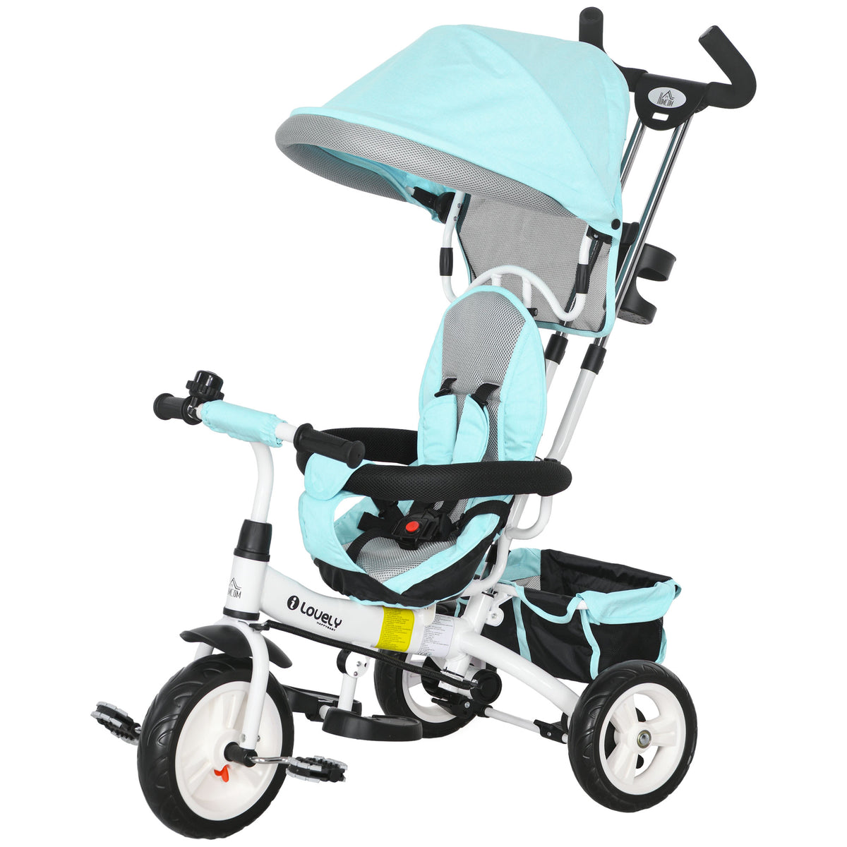 6 in 1 Kids Trike Push Bike w/ Push Handle, Canopy, 5-point Seat Belt, Storage, Footrest, Brake, for 1-5 Years, Green