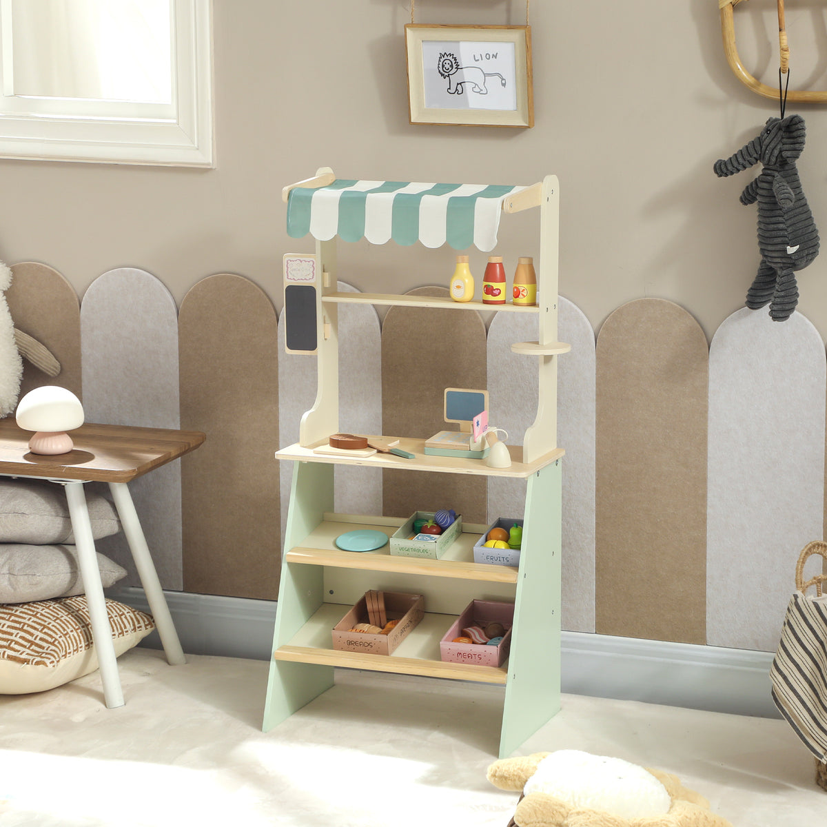 Wooden Toy Shop, Wooden Market Stall with Cash Register, Blackboard and Toy Food, 4 Storage Boxes, Ages 3+, Green