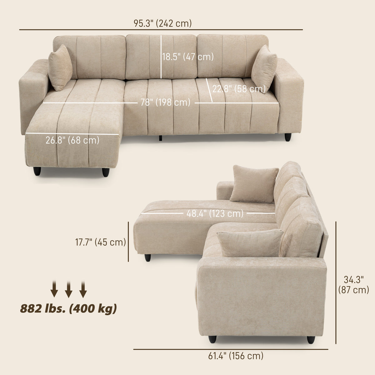 Ecksofa, Chaiselongue Umkehrbar, Kissen, 242 x 156 x 87 cm, Beige