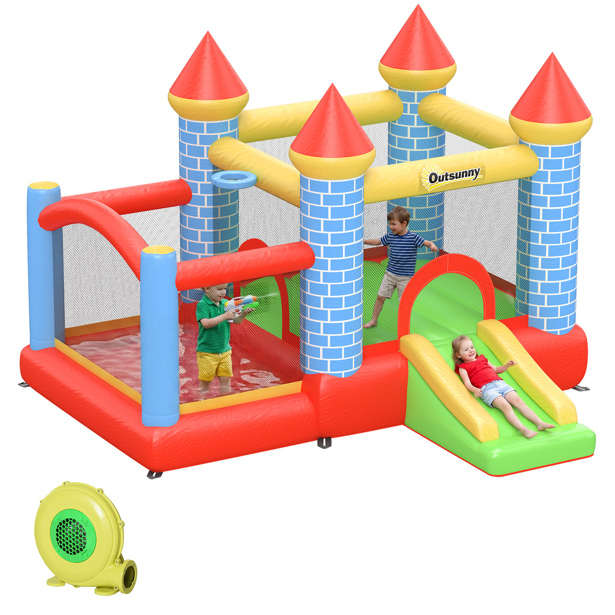 Aufblasbare Hüpfburg mit Rutsche Pool für 3 Kinder Burg mit Gebläse für 3-8 Jahre Rot+Blau+Grün 280 x 260 x 210 cm