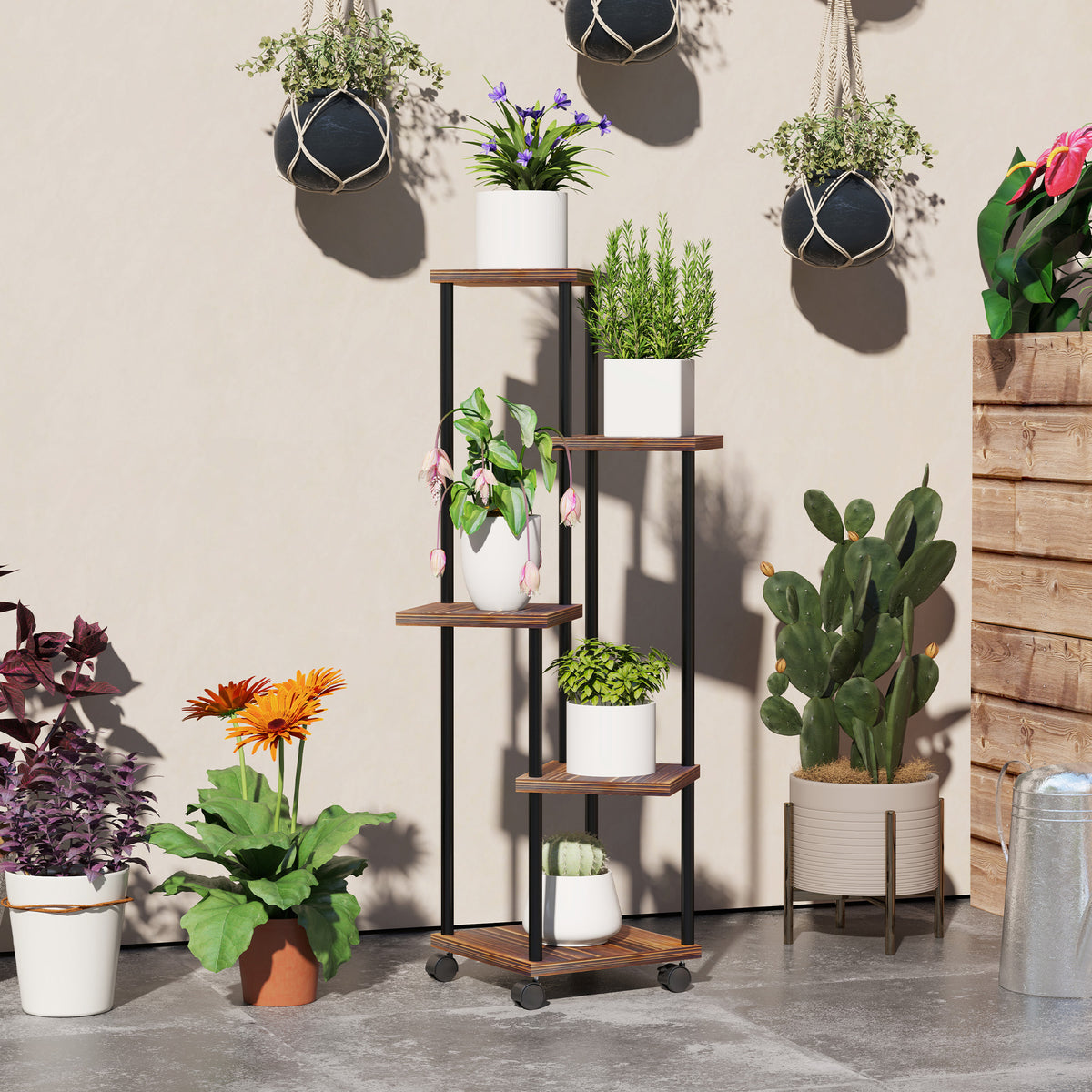 Blumenst?nder mit 5 Ebenen, 5-stufiger Pflanzenst?nder, versetztes Design, leicht zu verschieben, Holz, Stahl