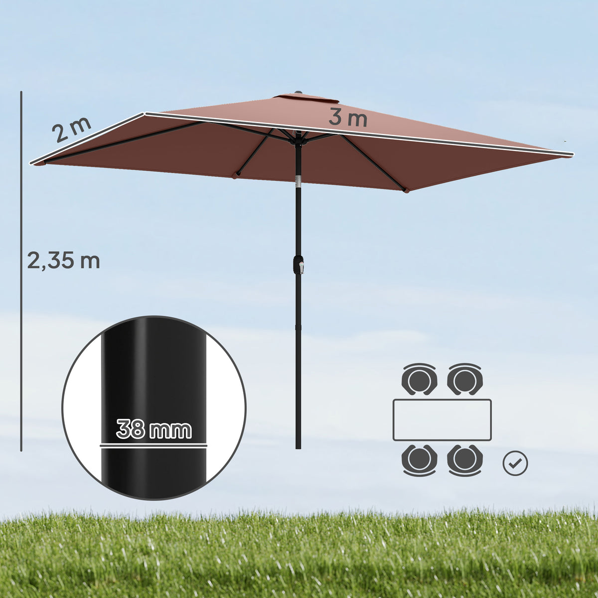 Sonnenschirm 300 x 200 cm neigbar Balkonschirm mit Kurbel Schutzhülle Braun