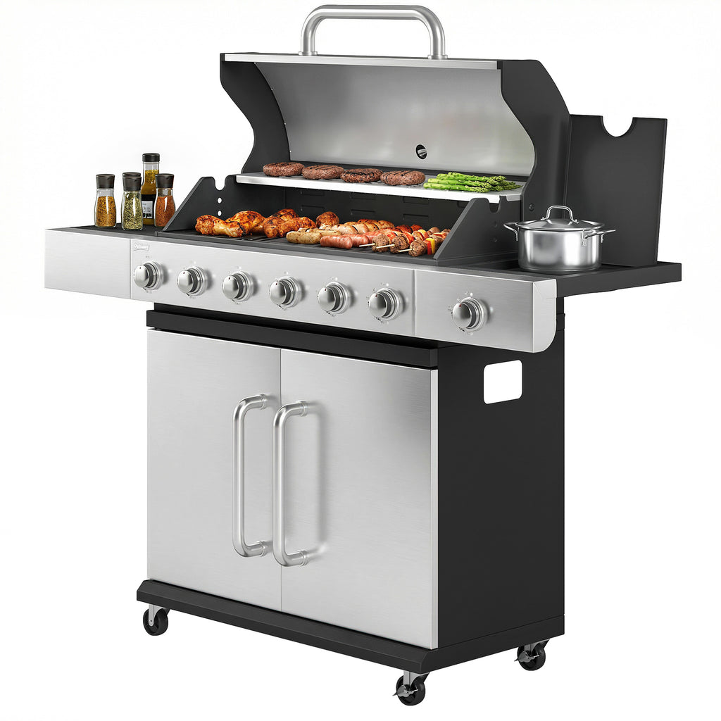 Gasgrill 18,6 KW 6+1 Brenner BBQ Grillwagen aus Edelstahl inkl Rolle Thermometer Warmhalterost Seitentisch Unterschrank