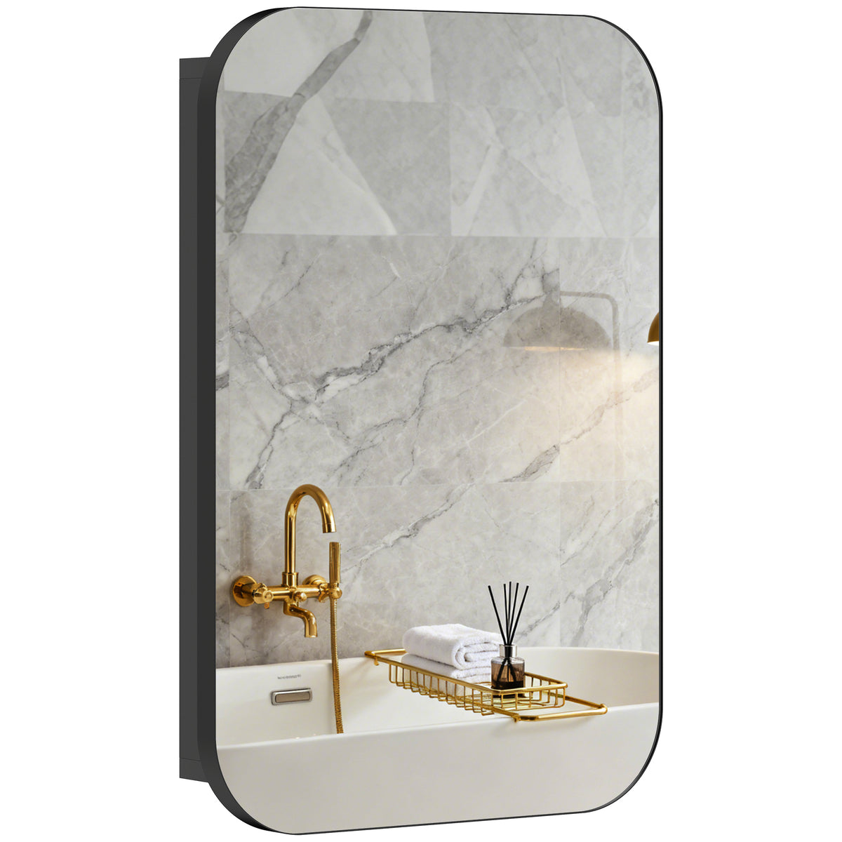 Spiegelschrank Bad, Badezimmerschrank mit Spiegel, Hängeschrank mit Verstellbarem Regal, 40 x 10 x 60 cm, Schwarz