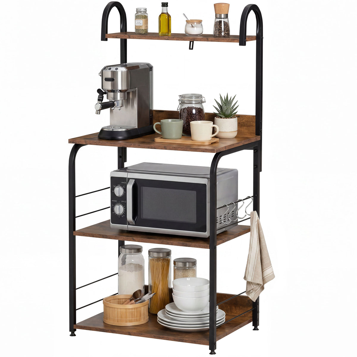 4-Tier Baker's Rack, Microwave Stand with 4 Hooks, Kitchen Storage Unit for Spices, Pots and Pans, Rustic Brown