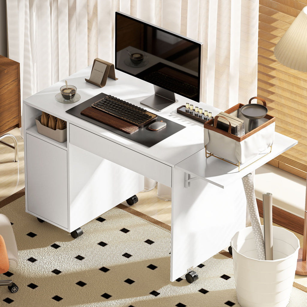 Rollbarer Computertisch, klappbarer Schreibtisch mit Schrank und Schublade, Spanplatte, Wei?
