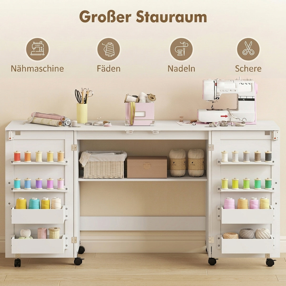 Klappbarer Nähtisch mit 2 Magnettüren, rollbarer Basteltisch mit 4 Boxen, 20 Haltestiften, Ablagefach, Weiß