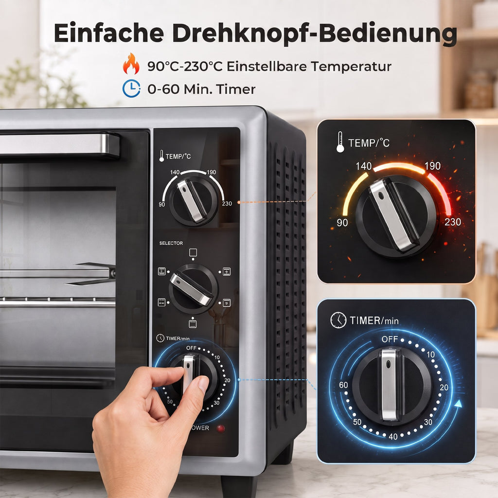 46 L Mini-Backofen mit Drehspieß, Umluft, Temperaturregelung und Timer, 1800 W, Schwarz