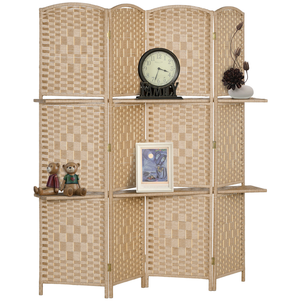 4-teiliger Paravent, 160 x 170 cm, faltbare Trennwand mit 2 Regalen, Naturholz