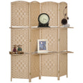 4-teiliger Paravent, 160 x 170 cm, faltbare Trennwand mit 2 Regalen, Naturholz