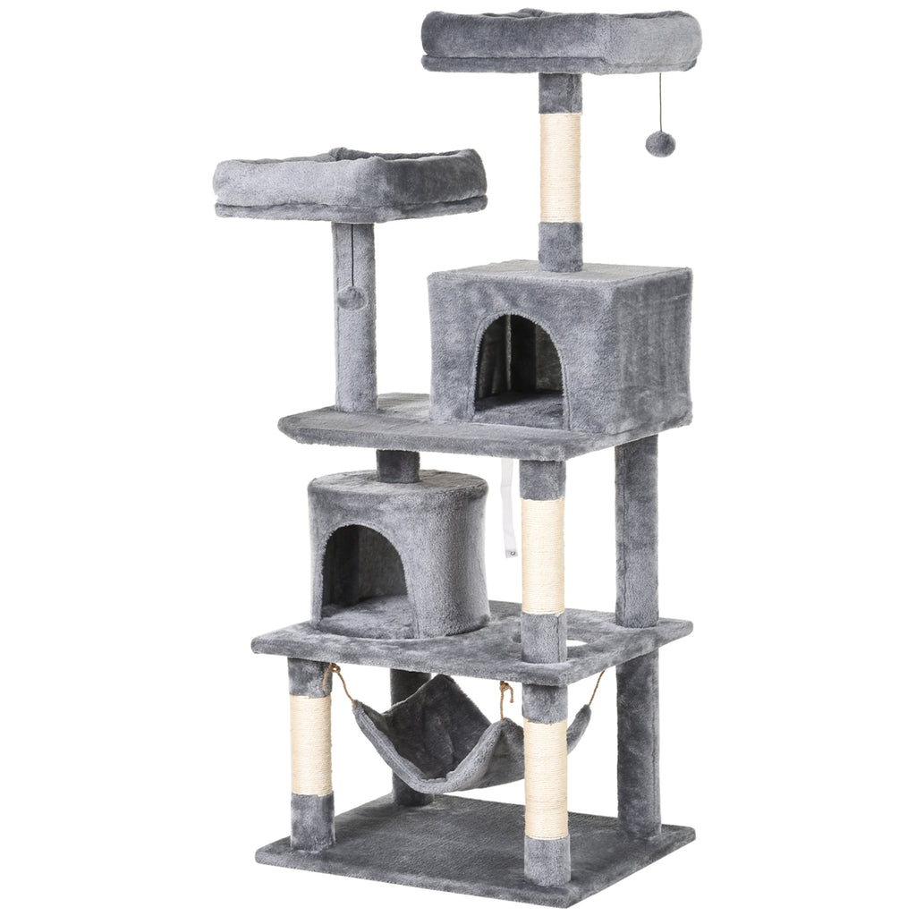  Katzen Kratzbaum groß 145 cm, Katzenbaum mit Hängematte, Kletterbaum für Katzen, Katzenkratzbaum Höhle Katzenmöbel mit Sisalstämmen, Hellgrau
