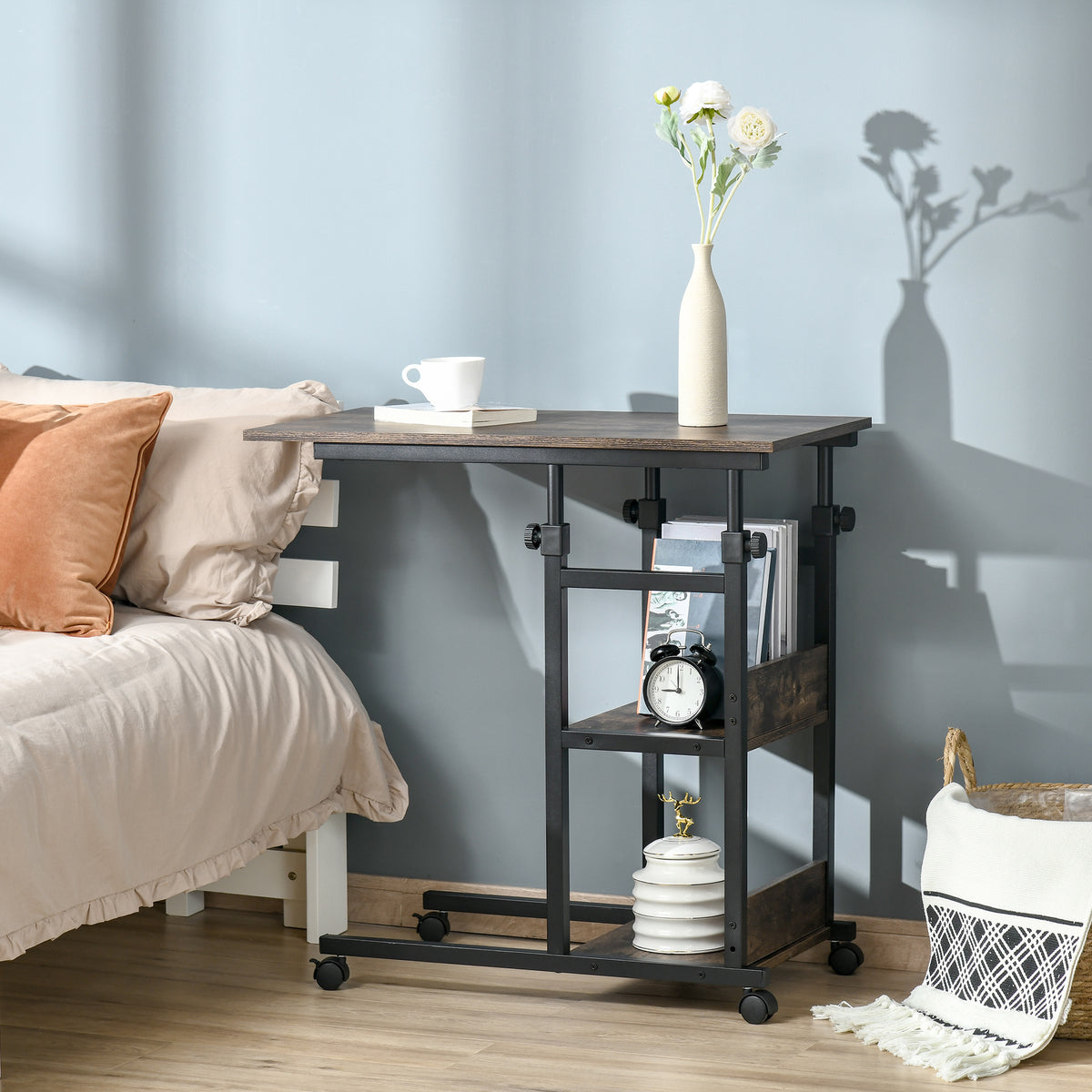 C-Shaped Side Table Industrial Mobile Rolling End Desk with 3-Tier Storage Shelving, Adjustable Height, Wheels