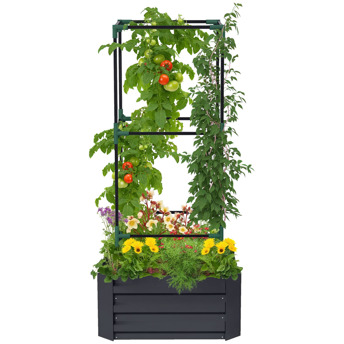 Hochbeet mit Rankgitter Pflankasten mit Rankhilfe, offener Boden, wetterbest?ndig, 61 cm x 61 cm x 140 cm, Dunkelgrau