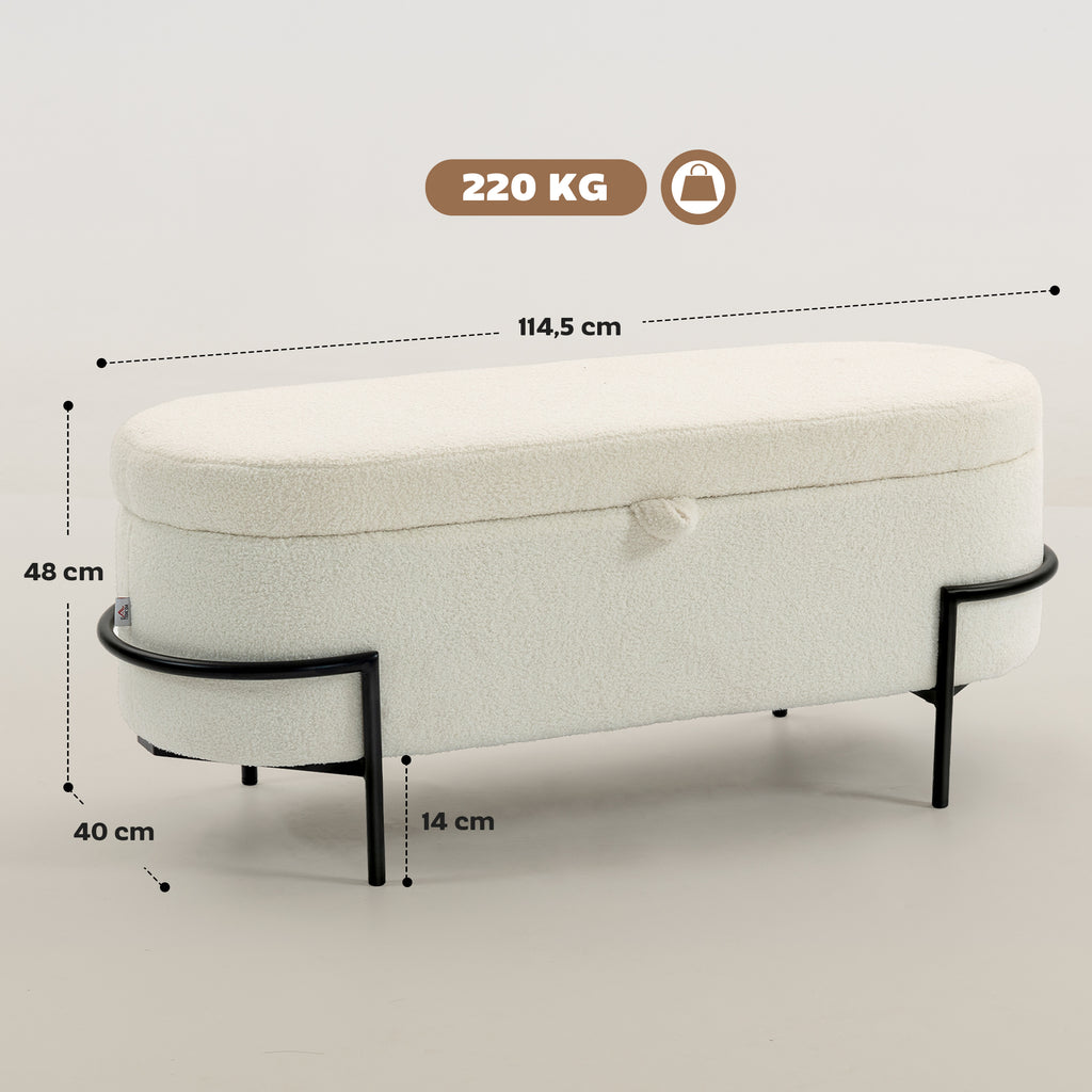 Aufbewahrungs-Hocker, Sitzhocker mit Deckel und Stauraum, Stahlbeine, Polsterhocker mit Fleece-Bezug, Cremewei?