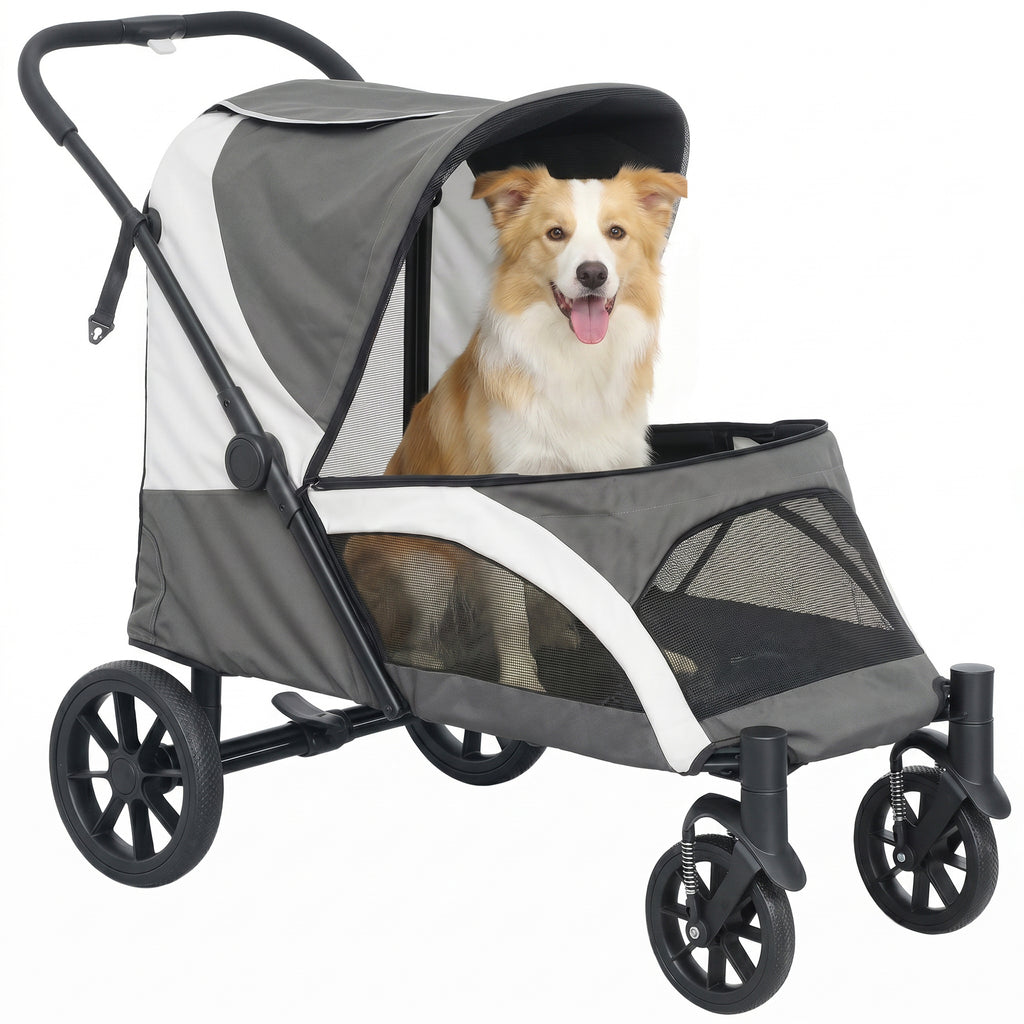 Foldable Pet Stroller for Medium Dogs with 4 Big Wheels, Shock-Absorbing Frame, Safety Leashes, Brakes, Dark Grey