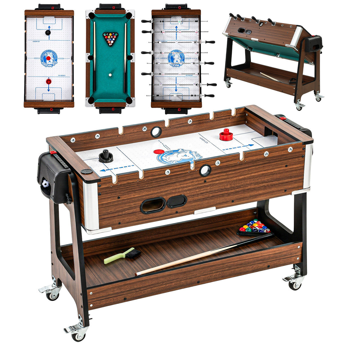 3-in-1 Multi Spieltisch drehbar Multifunktionstisch mit Billardtisch Tischfußball Airhockey Ablagefach