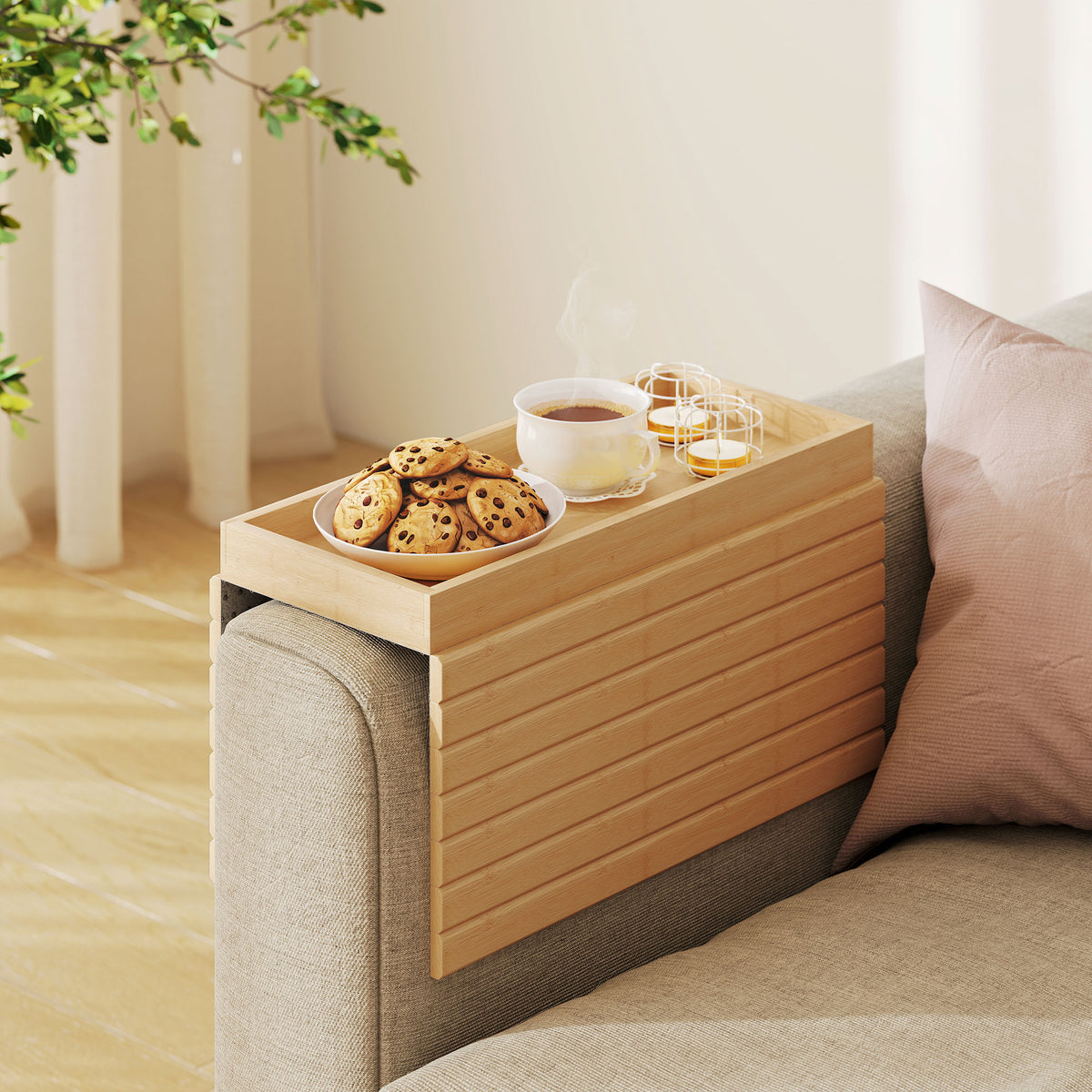 Bamboo Sofa Arm Tray, Foldable Anti-Slip Armrest Tray for Drinks and Snacks, Natural Wood Finish