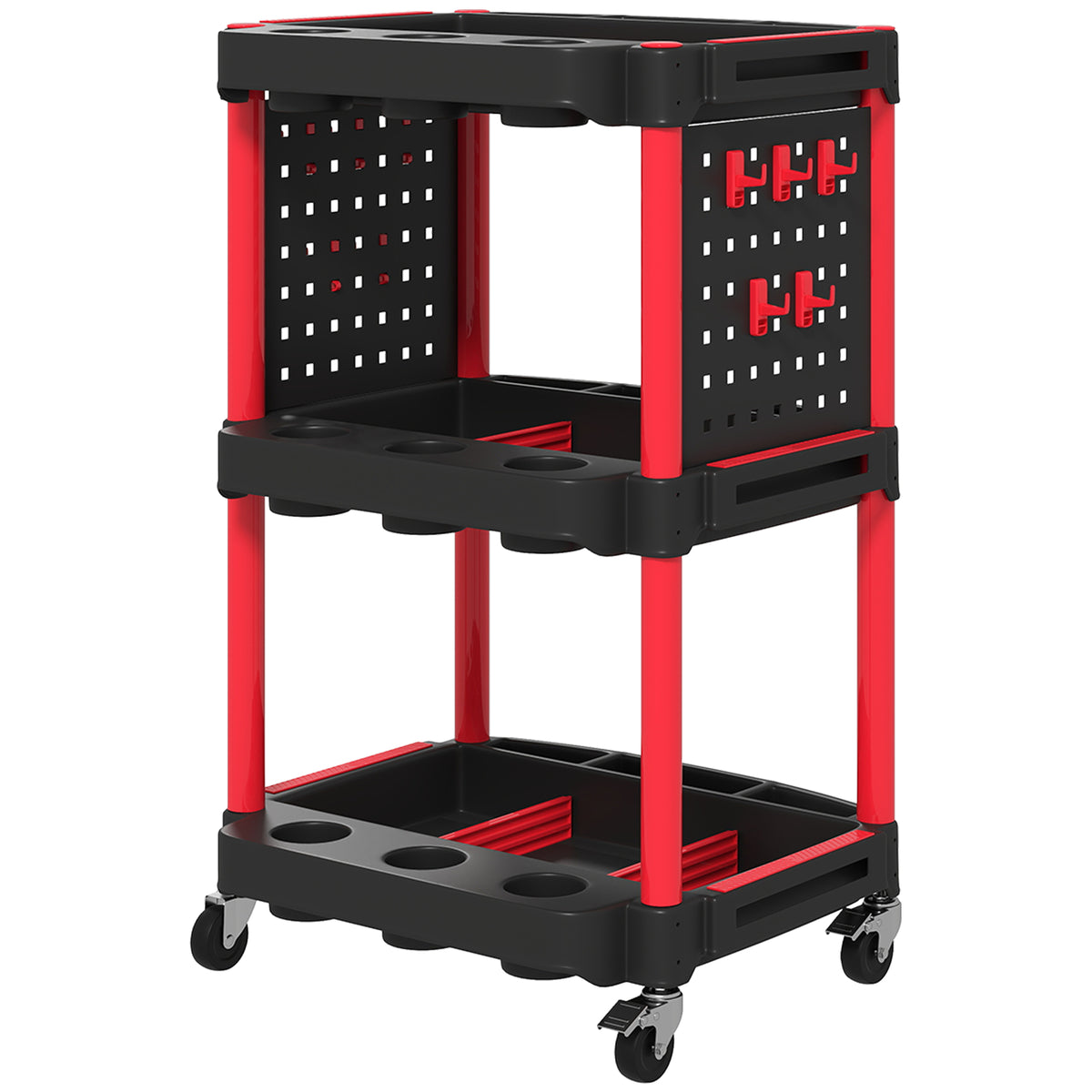 Werkzeugwagen, dreistufige Regale, 4 R?der, Kunststoff, 10 Haken, Rot