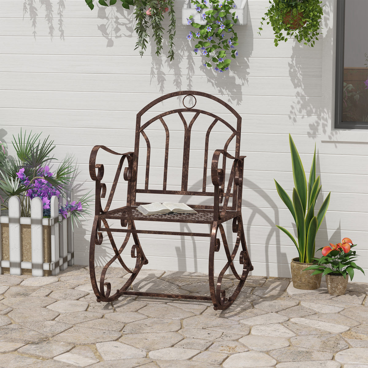 Schaukelstuhl Gartenstuhl, Vintage-Design, 61cm x 79cm x 90cm, Braun + Schwarz