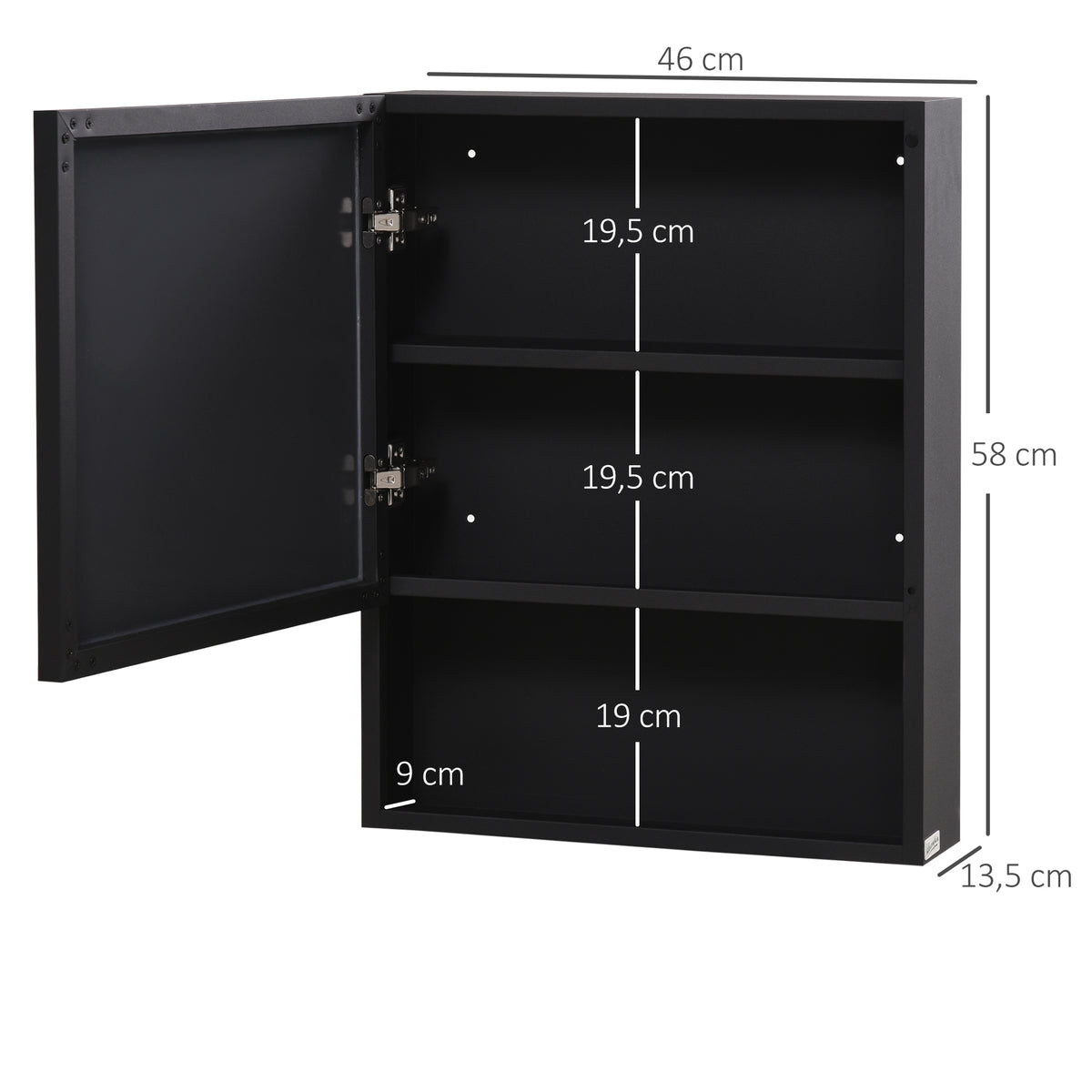 Spiegelschrank, 2 Innenb?den, offenes Regalfach, Stahlgeh?use, schwarz, 46 x 13,5 x 58 cm