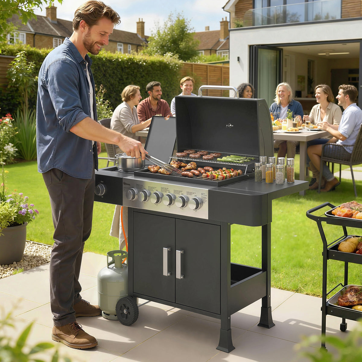 Gasgrill 17,8 KW 6+1 Brenner BBQ Grillwagen aus Edelstahl inkl Rolle Seitenbrenner Thermometer Emaille-Grillrost