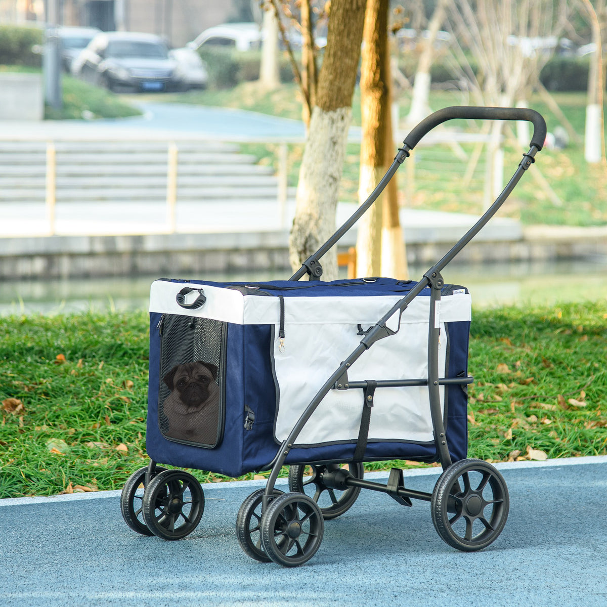 Hundbuggy Haustierbuggy Hundewagen, klappbar, abnehmbarer Korb, 81 x 58 x 97,5 cm, Schwarz + Blau + Weiß