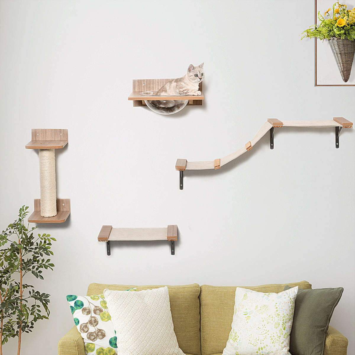 4PCs Wall-mounted Cats Climbing Shelf Set Cat Tree Kitten Perch Activity Center with Hammock Scratching Post Jumping Platform Brown