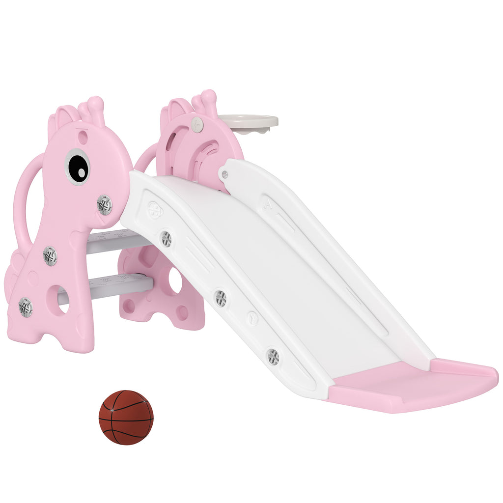 3 in 1 Kids Slide with Climber, Basketball Hoop and Ball, Giraffe Shape Climber Slide for Indoor Kids Age 1-3, Pink