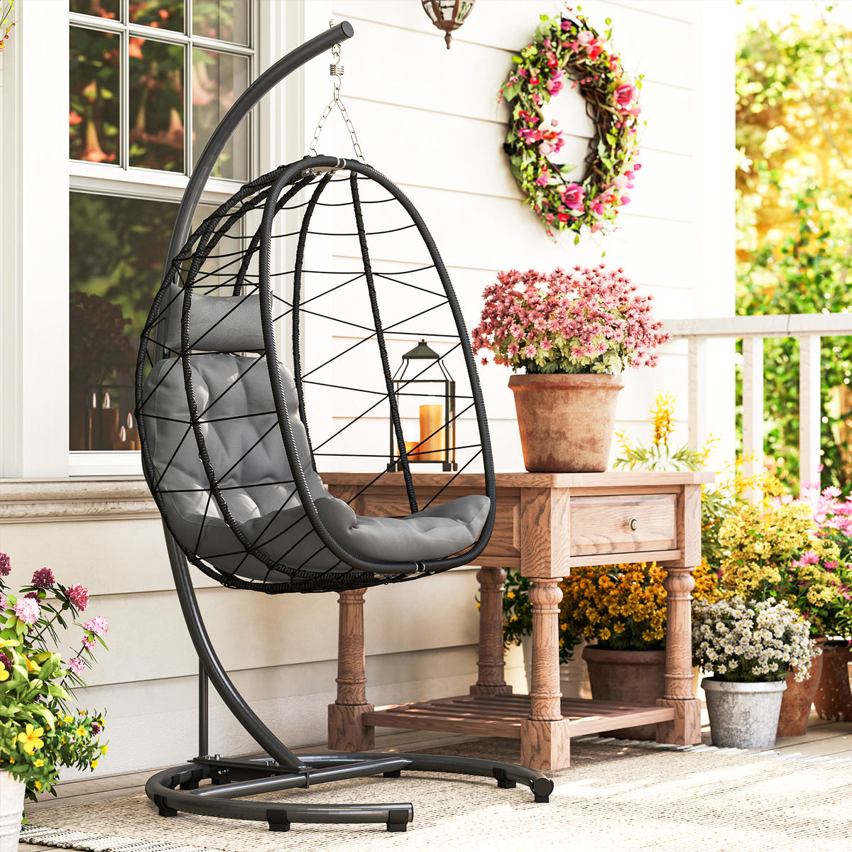 Hängesessel Outdoor Hängesessel Egg Chair, wetterbeständig, inkl. Polster, 102 cm x 102 cm x 195 cm, Dunkelgrau
