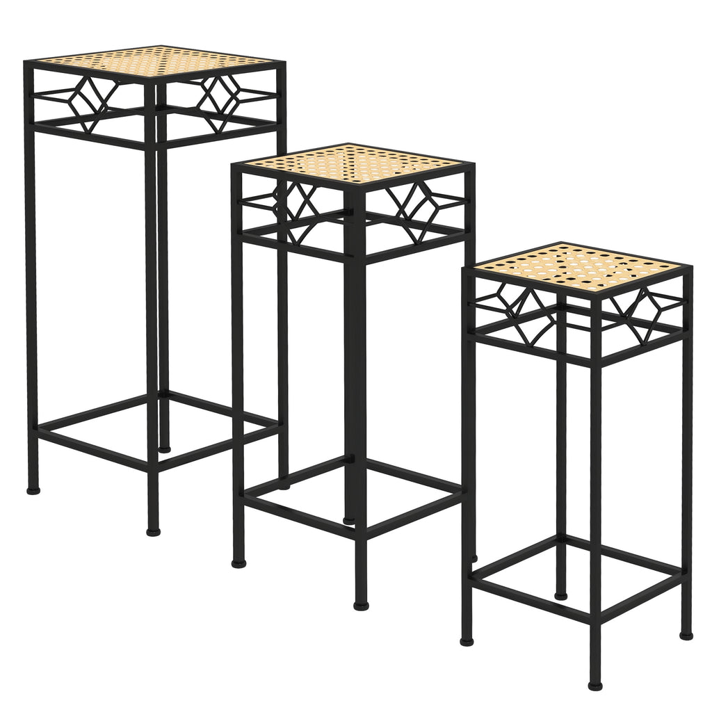 Blumenst?nder, 3er-Set, rund, stapelbar, Rattanoptik, Metallbeine, In- und Outdoor, Schwarz/Gold