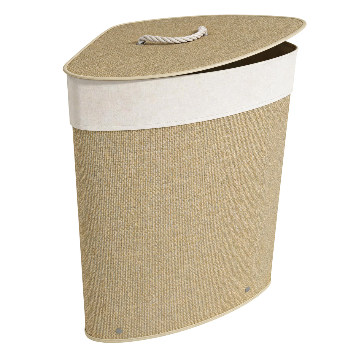 Wäschekorb im Eckdesign, Bambusgeflecht, 55 Liter, Stoffbeutel, Metallrahmen, Creme