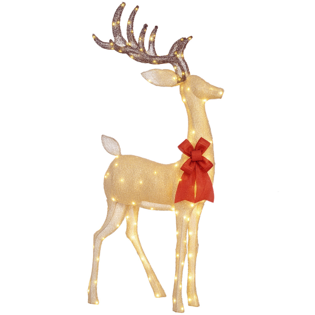 Rentier mit roter Schleife, 137 LEDs, Weihnachtsbeleuchtung, wetterfest, 66 x 25 x 135 cm, Gold