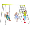 Four-In-One Metal Garden Swing Set, with Two Swings, Climber, Climbing Net - Green