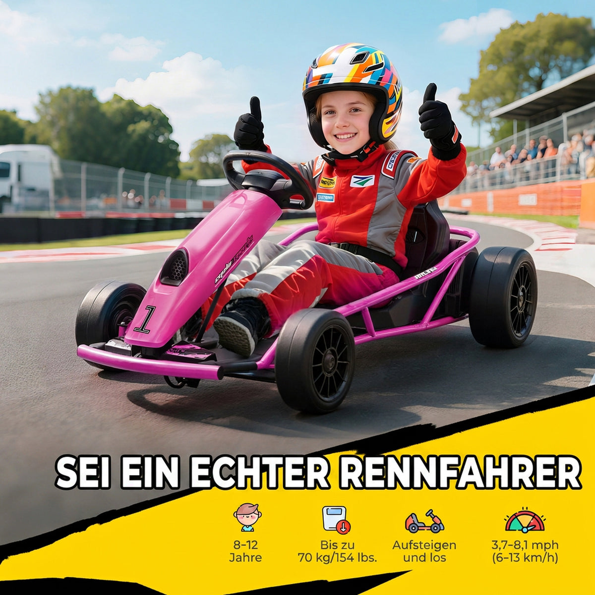 24 V Elektro Go-Kart für Kinder Bis 13 Km/h Gokart mit Drift-Funktion, Drift-Kart mit 2 Motoren für 8–12 Jahre Rosa