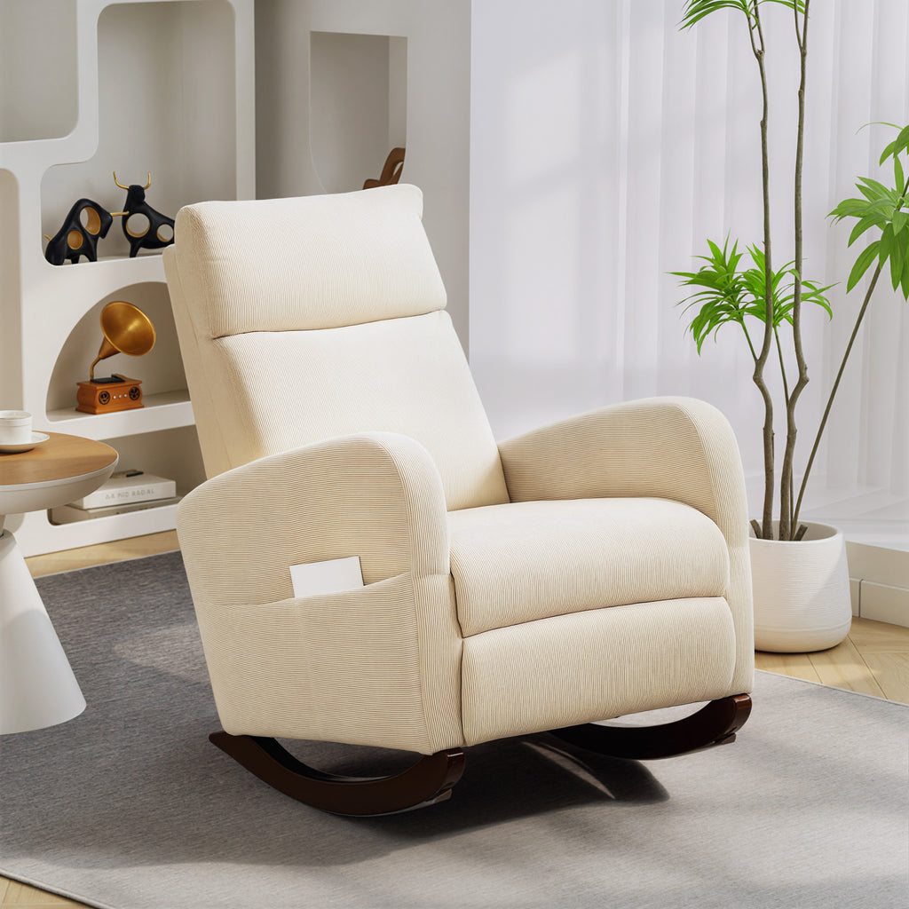 Schaukelstuhl, gepolsterter Schaukelsessel mit Cordstoff, Seitentaschen für Wohnzimmer, Schlafzimmer, Beige