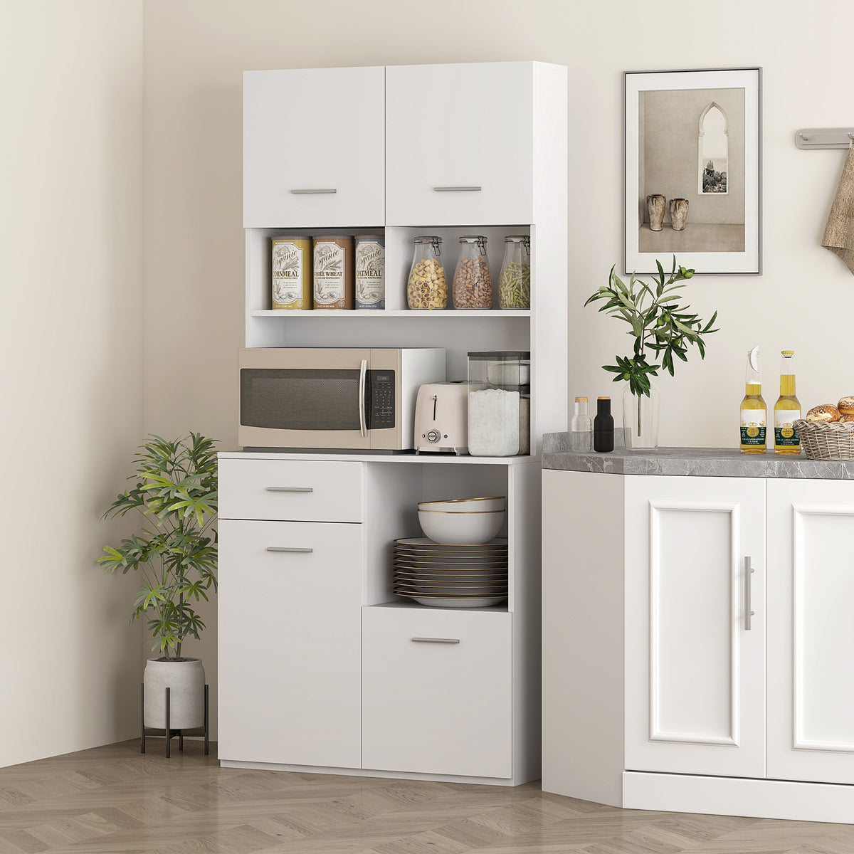 Küchenschrank, Buffet mit Schublade, Soft-Close Türen, 80 x 35 x 180 cm, Weiß