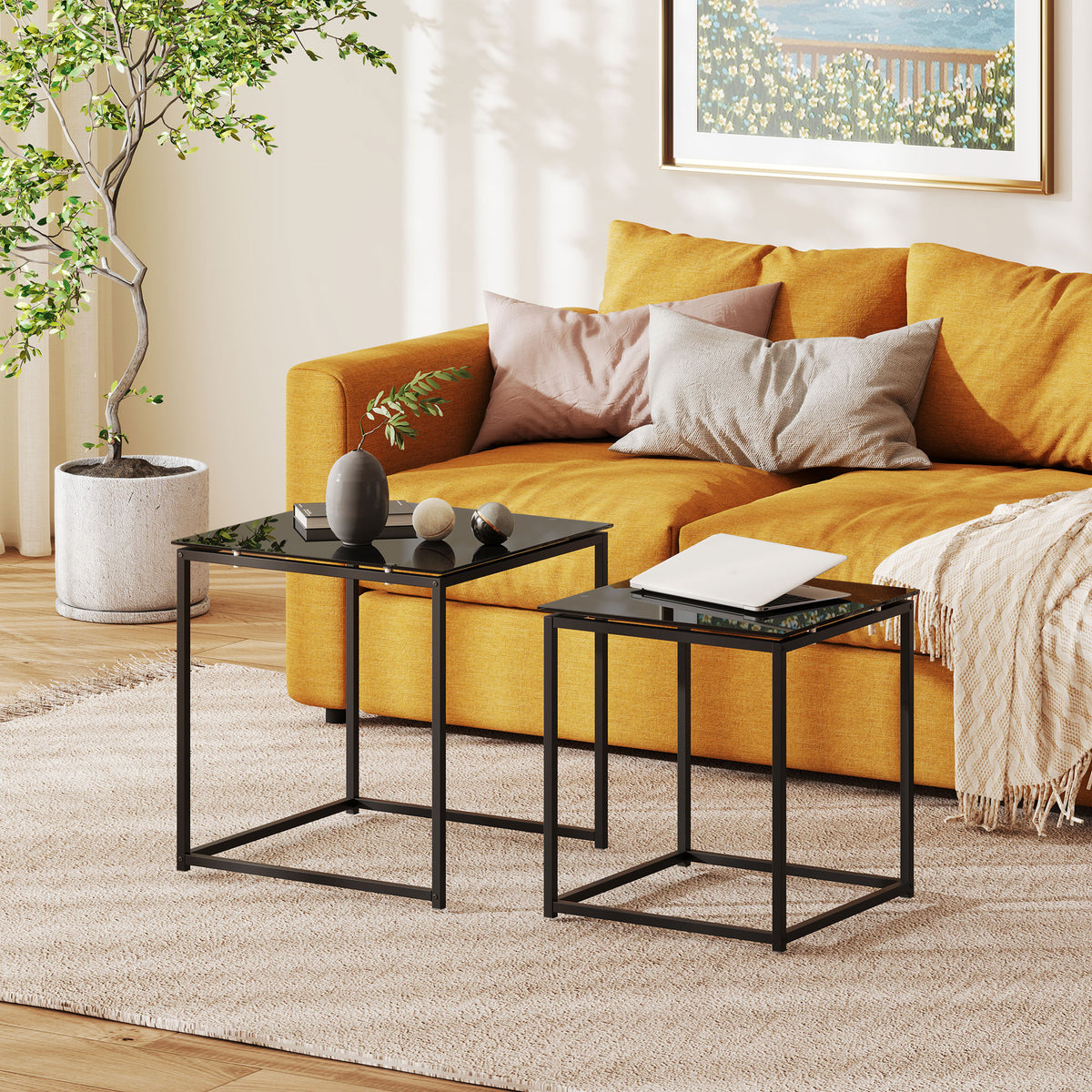 2er-Set Beistelltische, modernes Design, stapelbar, Glastisch, Schwarz