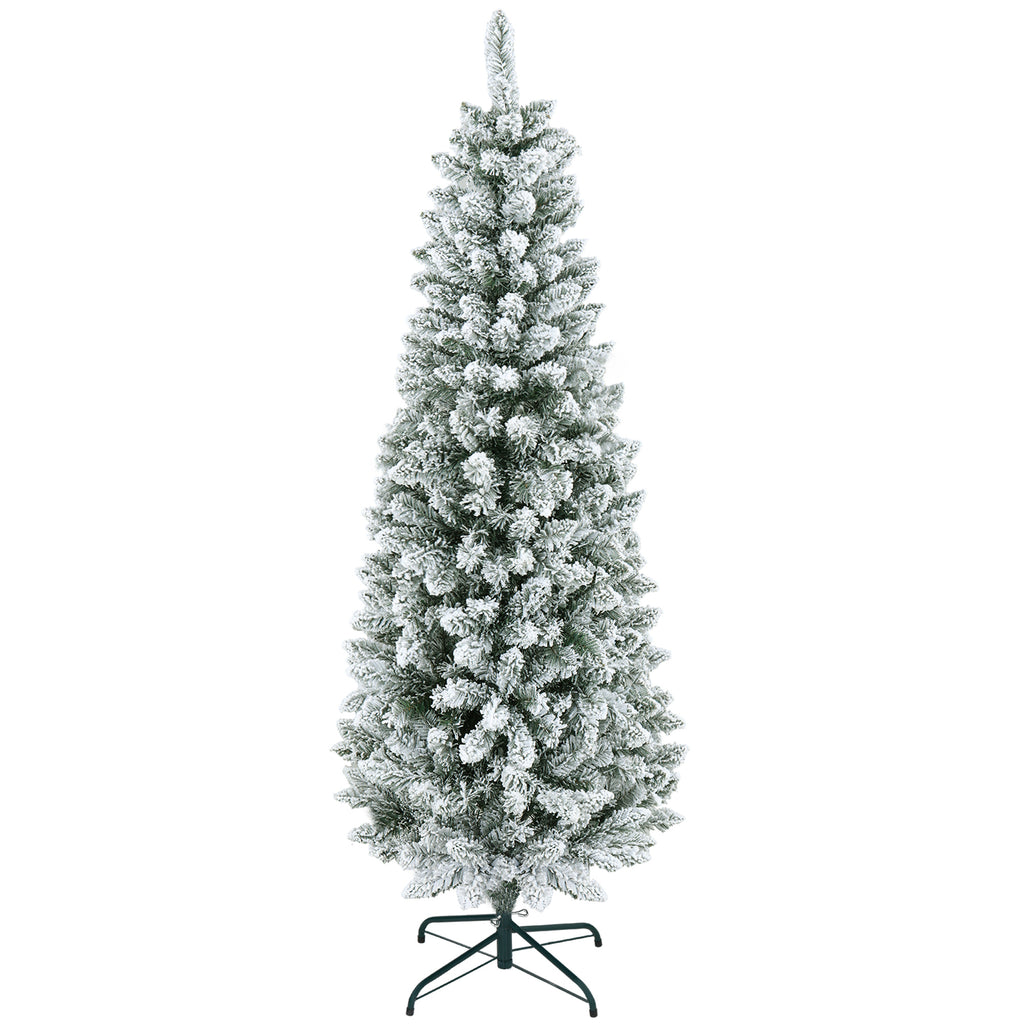 Künstlicher Weihnachtsbaum, schlanke Form, Kunstschnee, dreiteilig, flammhemmend, Metallfuß, 183 cm, Grün