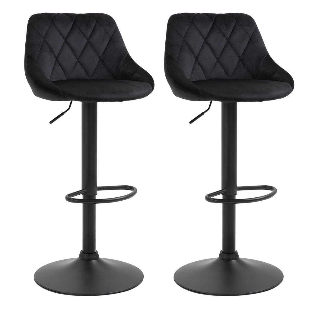 Barhocker 2er Set Höhenverstellbar Drehbar Barstühle mit Samtoptik Tresenhocker mit Rückenlehne mit Diamant-Tufting und Fußstütze für Bar, Theke, Esszimmer, Stahl Schwarz