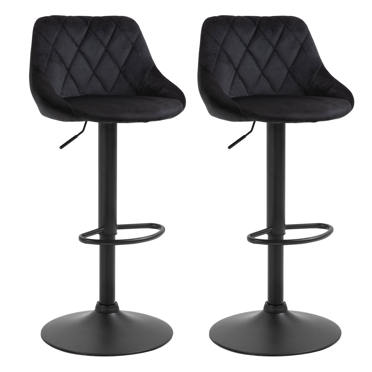 Barhocker 2er Set Höhenverstellbar Drehbar Barstühle mit Samtoptik Tresenhocker mit Rückenlehne mit Diamant-Tufting und Fußstütze für Bar, Theke, Esszimmer, Stahl Schwarz