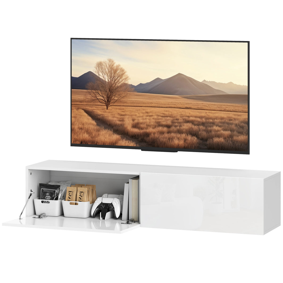 Wandmontierter TV-Schrank, schwebende TV-Kommode mit viel Ablagefl?che und Stauraum, Spanplatte, Wei?