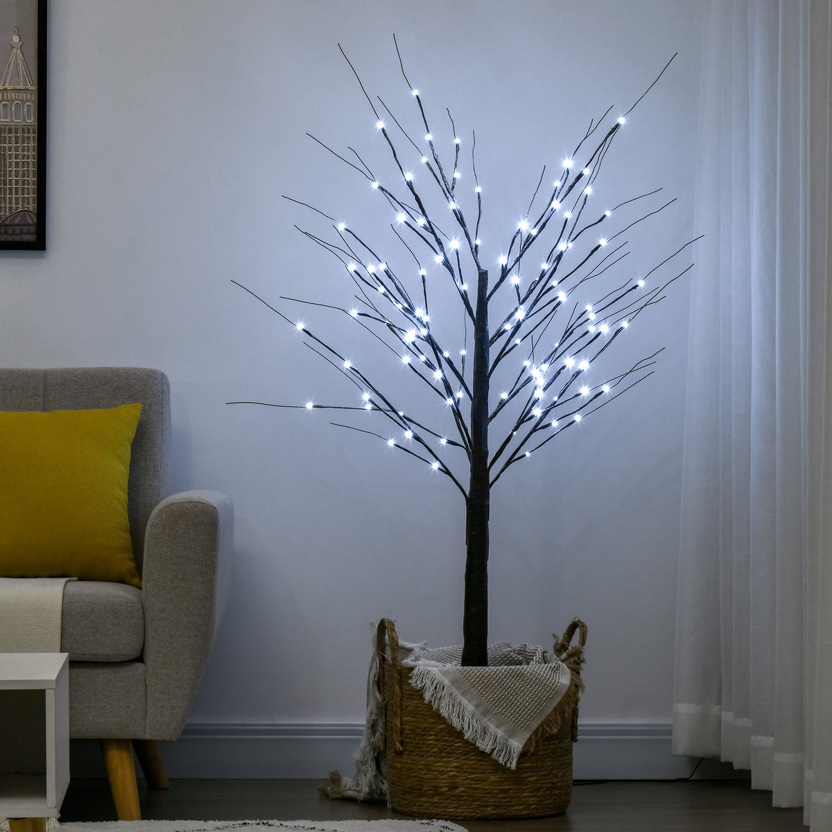 Künstliche Birke mit LED-Beleuchtung, 96 kaltweiße Mikro-LEDs, 150 cm, Braun
